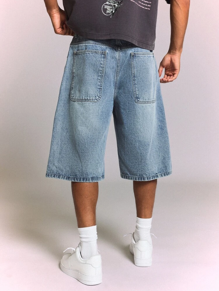 Baggy Wide Leg Denim Jorts Button Fly Below Knee Length Washed Summer Shorts Patch Pockets