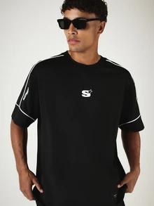 SUMWON Oversized Crew Neck Short Sleeve Co-Ord Set With Contrast Piping Detail And Logo Print - Black - View 6