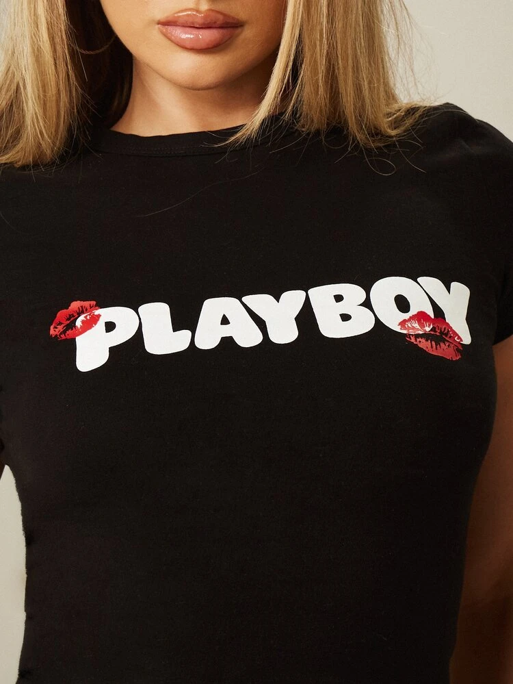 Missguided x Playboy Puff Print Crop Slim Fit Tee