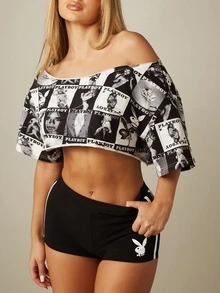 Missguided x Playboy Celana Pendek Booty dengan Logo Kelinci, Garis-Garis di Sisi, Panel Samping Kontras, dan Cetakan Logo. - Hitam - View 3