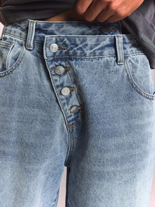 SUMWON Baggy Wide Leg Denim Jorts Button Fly Below Knee Length Washed Summer Shorts Patch Pockets - Blue - View 5