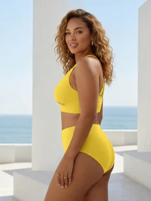 ELLERISSA Plus Size Yellow High Waist Cross Strap Back Bikini Set - Yellow - View 3