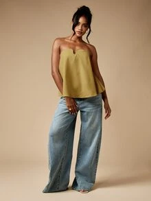 MISSGUIDED Strapless U-Bend Neckline Flared Swing Top With Zip Back Closure For Date Night Or Summer Occasions - Pale Yellow - View 4