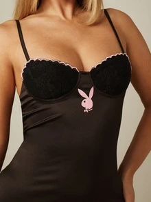 Missguided x Playboy Satin And Lace Mini Night Dress With Sweetheart Neckline Lace Cups And Open Back - Black - View 5