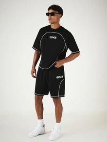 SUMWON Oversized Crew Neck Short Sleeve T-Shirt And Shorts Co-Ord Set With Contrast Stitch Detailing - Black - View 1