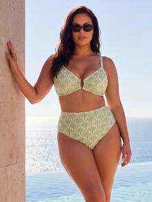 ELLERISSA Conjunto de bikini de talla grande con estampado de palmas verdes y herrajes dorados - Verde - Ver 1
