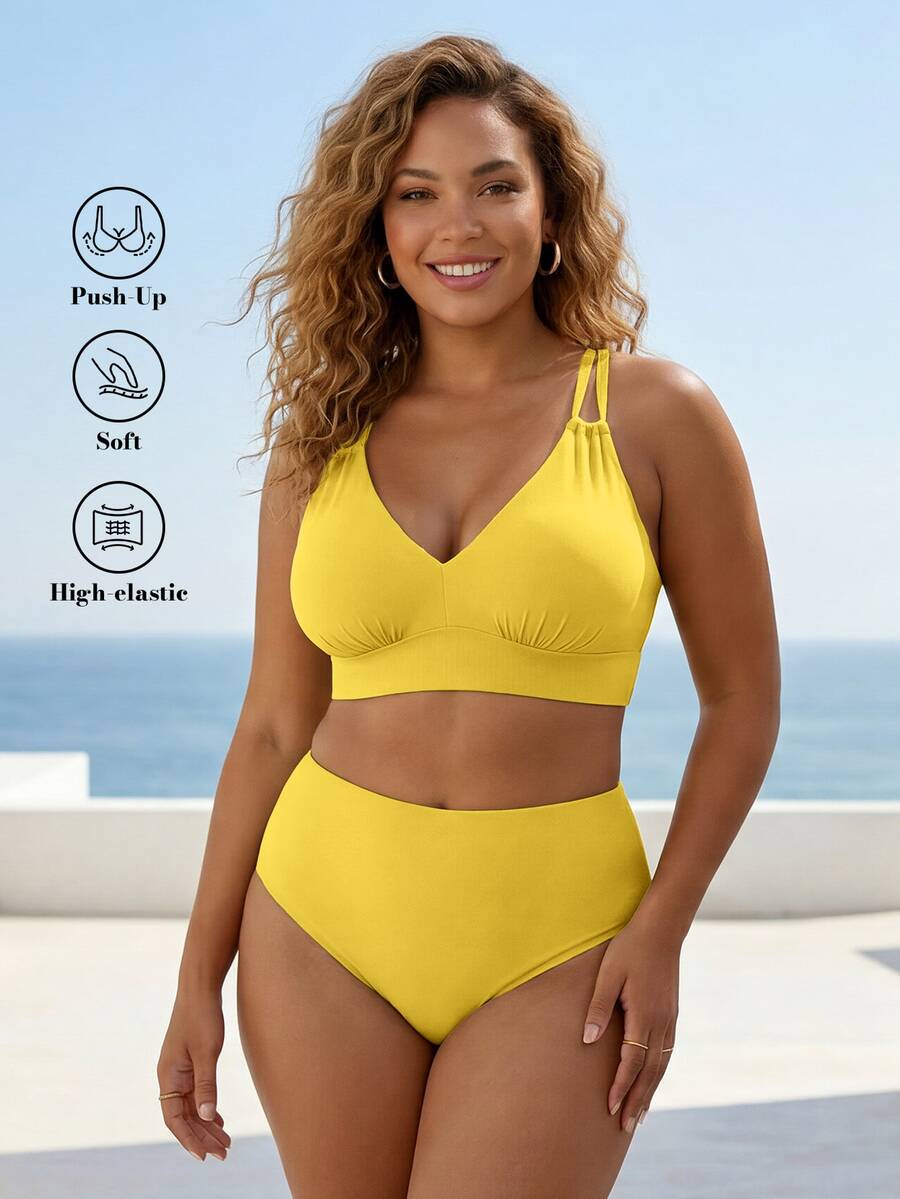ELLERISSA Plus Size Yellow High Waist Cross Strap Back Bikini Set - Yellow - View 1