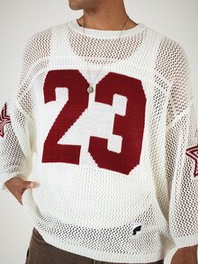 SUMWON Oversized Open Mesh Knit Varsity Number 23 Crew Neck Long Sleeve Jersey Style Sweater Top - White - View 5