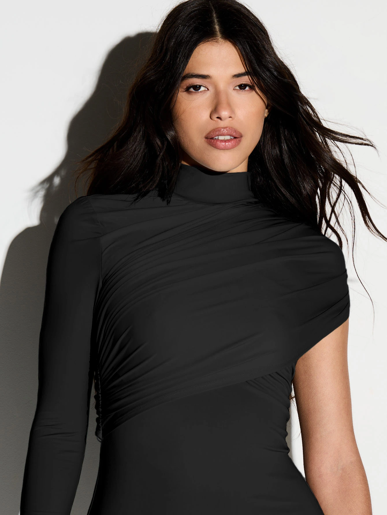 One Sleeve Ruched Bodycon Mini Dress With Mock Neck