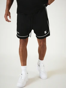 SUMWON Oversized Crew Neck Short Sleeve Co-Ord Set With Contrast Piping Detail And Logo Print - Black - View 4