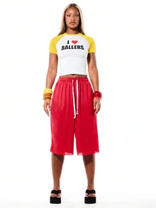 SUMWON WOMEN 短版落肩修身T恤，對比色袖子，正面印有 I Love Ballers 圖案 - 黃色 - View 3