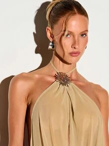 KIZN Halter Neck Backless Maxi Dress With Sun Brooch Trim Draped Front High Slit Evening Formal Gown - Pale Yellow - View 6
