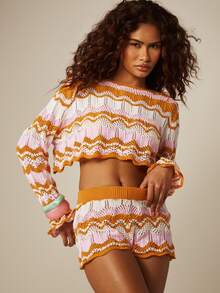 MISSGUIDED Crochet Knit Mini Shorts With Zigzag Wave Pattern And Scalloped Ruffle Hem Summer Beach Holiday - Multicolor - View 1