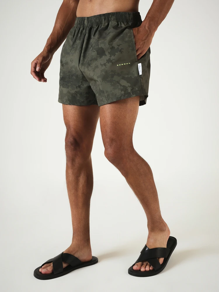 Grunge Camo Print Swim Trunks With Elastic Waistband Summer Beach Holiday Shorts