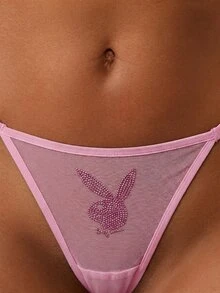 Missguided x Playboy Tanga de lencería de malla con gráfico de conejo, strass hotfix, panel transparente y detalle de logotipo - Rosa - Ver 4
