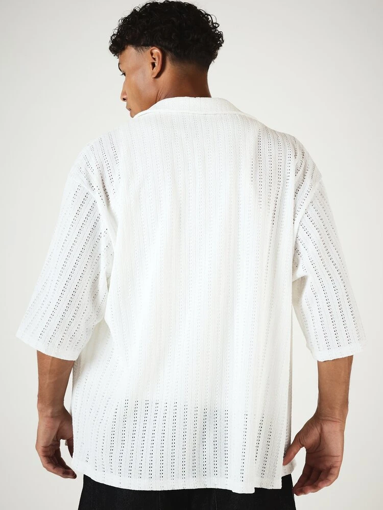Oversized Open-Front Crochet Knit Short Sleeve Shirt With Revere Collar Summer Holiday Style