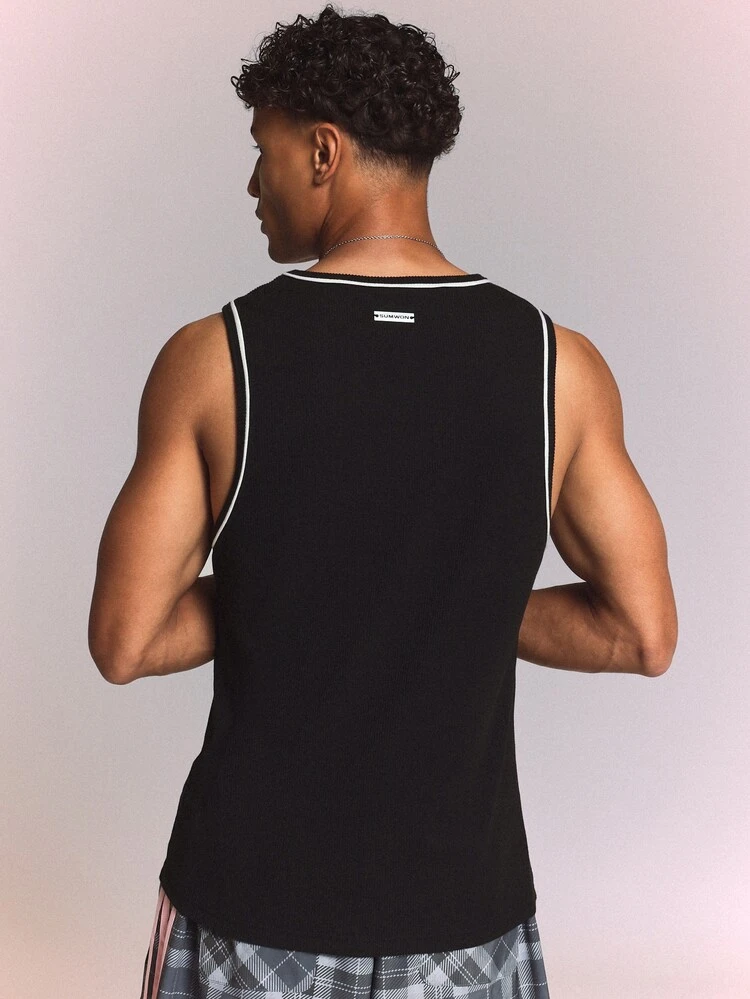 Ribbed Knit Sleeveless Tank Top With Contrast Piping Detail Crew Neck Regular Fit Summer Essential