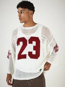 SUMWON Oversized Open Mesh Knit Varsity Number 23 Crew Neck Long Sleeve Jersey Style Sweater Top - White - View 2