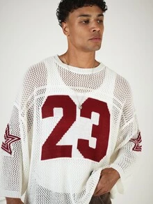 SUMWON Oversized Open Mesh Knit Varsity Number 23 Crew Neck Long Sleeve Jersey Style Sweater Top - White - View 4