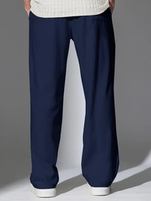 SUMWON Skater Fit Linen Look Drawstring Trousers Wide Leg Relaxed Casual Summer Pants With Elastic Waist And Side Pockets - Navy Blue - View 5