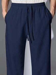 SUMWON Skater Fit Linen Look Drawstring Trousers Wide Leg Relaxed Casual Summer Pants With Elastic Waist And Side Pockets - Navy Blue - View 8