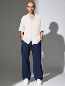 SUMWON Skater Fit Linen Look Drawstring Trousers Wide Leg Relaxed Casual Summer Pants With Elastic Waist And Side Pockets - Navy Blue - View 3