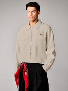 SUMWON Boxy Fit Long Sleeve Shirt With Chinese Frog Button Closure And Chest Pockets - Beige - View 6