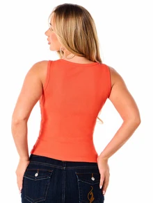 BABYPHAT Top corto de punto acanalado sin mangas con cuello de pico y logo de diamantes de imitación, para festivales de verano - Naranja - Ver 2