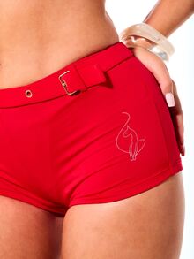 BABYPHAT Belted Bikini Booty Shorts With Gold Eyelet Belt, Star Stitch Detail, Low Rise Mini Beach Short , Fourth Of July - Red - View 5