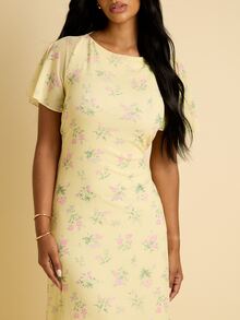 FASHION SZN 女款天使袖碎花印花長版最大裙 奶油黃淡黃色交叉背婚禮賓客禮服 賽馬日洋裝 夏季度假度假穿搭 派對生日場合 典雅時尚高雅 - 淡黃色 - 查看 4