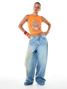 SUMWON WOMEN Koi Fish Graphic Crop Tank Top With Floral Print Crew Neck Sleeveless Summer Festival Style - Orange - View 5
