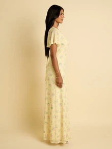 FASHION SZN 女款天使袖碎花印花長版最大裙 奶油黃淡黃色交叉背婚禮賓客禮服 賽馬日洋裝 夏季度假度假穿搭 派對生日場合 典雅時尚高雅 - 淡黃色 - 查看 5