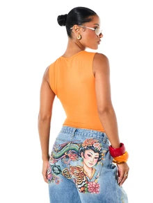 SUMWON WOMEN Koi Fish Graphic Crop Tank Top With Floral Print Crew Neck Sleeveless Summer Festival Style - Orange - View 2