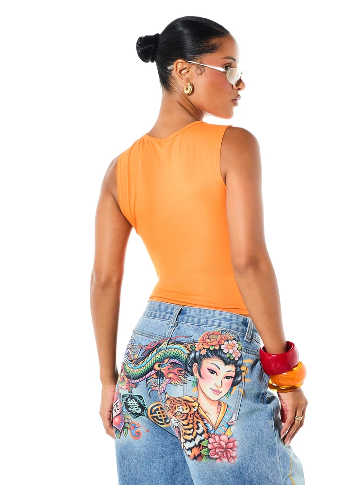 SUMWON WOMEN Koi Fish Graphic Crop Tank Top With Floral Print Crew Neck Sleeveless Summer Festival Style
