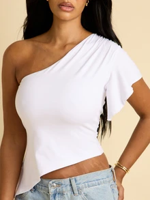 FASHION SZN Women's One Shoulder Asymmetric Top Summer Holiday Vacation Night Out Going Out Casual Sexy Every Day Sun Fitted Slim Fit Flare Sleeve White - White - View 4