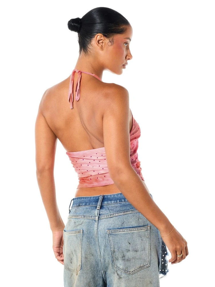 SUMWON WOMEN Tie-Dye Rhinestone Embellished Halter Crop Top With Scoop Neck And Tie Back Detail Summer Festival