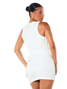 SUMWON WOMEN Ribbed Knit Graphic Lace-Up Racer Mini Dress With Skull Snake Tattoo Print And Lace-Up Neckline Detail - White - View 2