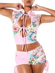 SUMWON WOMEN Áo crop top sát nách cổ cao buộc trước, cắt khoét, chi tiết lỗ khóa, họa tiết rồng và hoa - Hồng - Xem 4