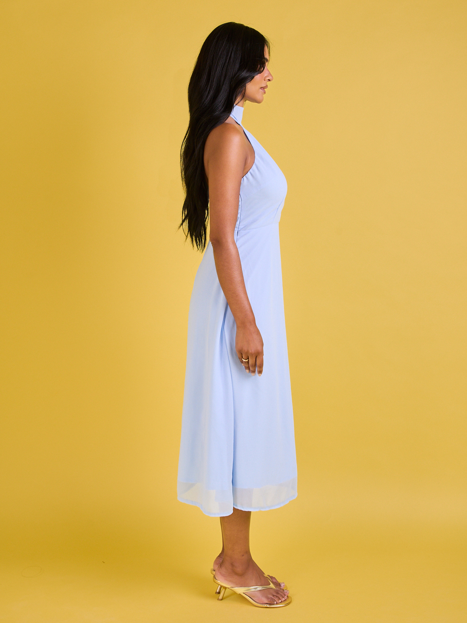 Women's Halter Neck Backless Chiffon Midi Dress Long Races Day Mother Of The Bride Occasion Birthday Party Wedding Guest Pastel Baby Blue