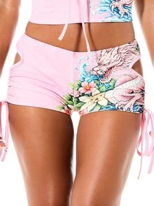 SUMWON WOMEN Quần short mini dáng ôm in hình rồng Jersey, có chi tiết dây buộc nhún bèo bên hông và đường cắt xẻ ở hông, thích hợp cho các lễ hội mùa hè. - Hồng - Xem 1