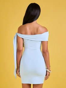 FASHION SZN Women's Solid Color Off Shoulder Twist Design Fashionable Mini Dress Evening Dress Occasion Birthday Party Summer Holiday Vacation Bardot Short Dress Fitted Slim Fit - Baby Blue - View 2