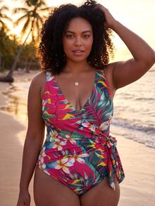 ELLERISSA Plus Size Hot Pink Tropical Print Wrap Swimsuit With Matching Kimono - Multicolor - View 5