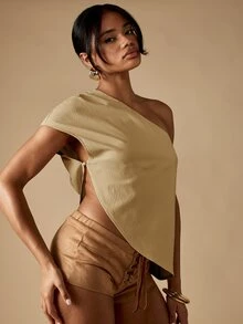 MISSGUIDED 單肩不對稱下擺皺褶紋理上衣，附短袖與側開衩設計 - 卡其色 - 查看 5
