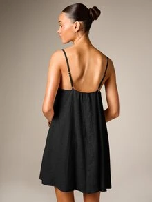 AiiRZ Strappy A-Line Linen Mini Dress With V-Neck And Adjustable Spaghetti Straps Summer Vacation Beach Sundress - Black - View 2