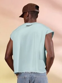 SUMWON Tank Top Tanpa Lengan Model Crop dengan Leher V dan Tepi Bawah yang Tidak Dijahit untuk Musim Panas - Teal Blue - View 2