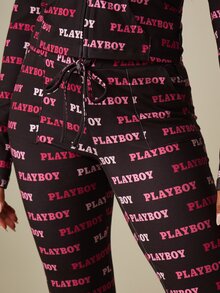 Missguided x Playboy All-Over Print Fitted Flared Jogger Pants With Logo Text Pattern Full Length - Multicolor - View 4