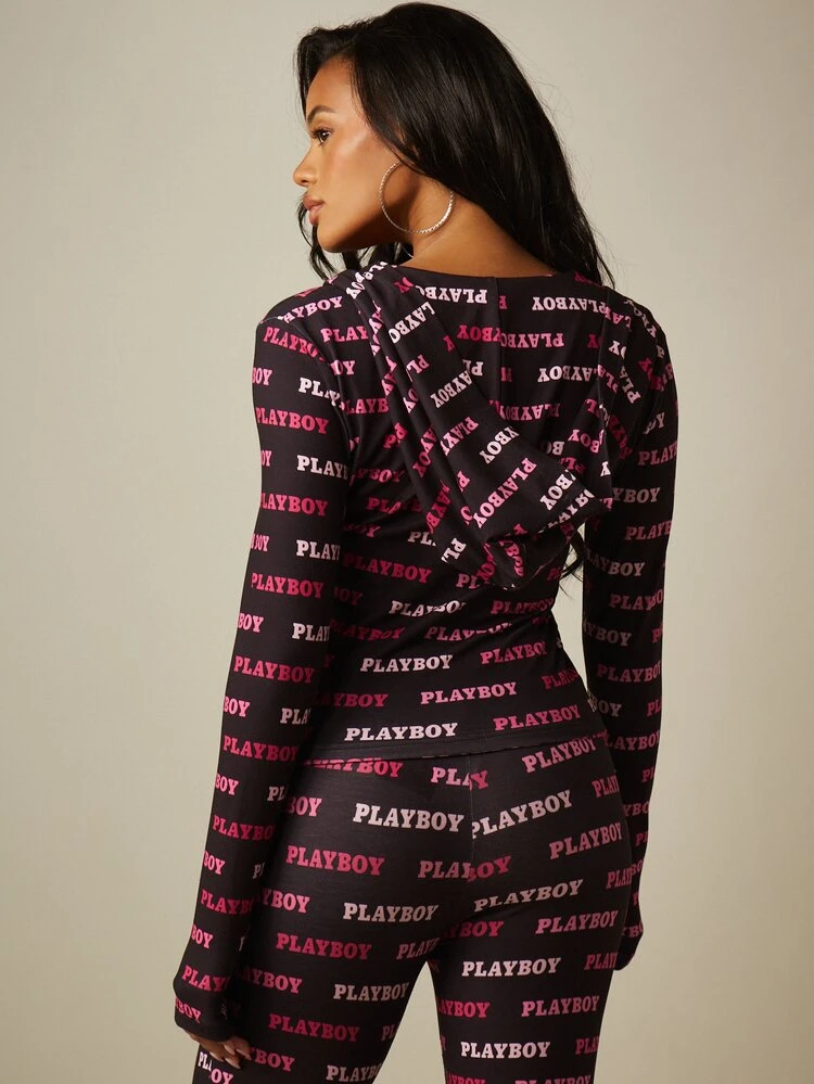 Missguided x Playboy Print Fitted Zip-Up Hooded Long Sleeve Top