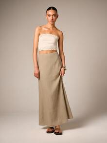 AiiRZ Linen Maxi Skirt High Waist A-Line Flowy Floor Length Summer Vacation Boho Beach Holiday Skirt - Khaki - View 3