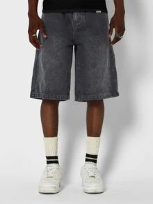 SUMWON Oversized Baggy Denim Jorts With Back Graffiti Print Washed Finish Wide Leg Summer Shorts - Grey - View 2