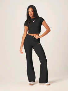 Missguided x Playboy Fitted Slim Fit Tee With Bunny Logo Front Print And Repeat Graphic Back Crop Top Gym Black And Pink Summer Sporty Street Wear - Black - View 5